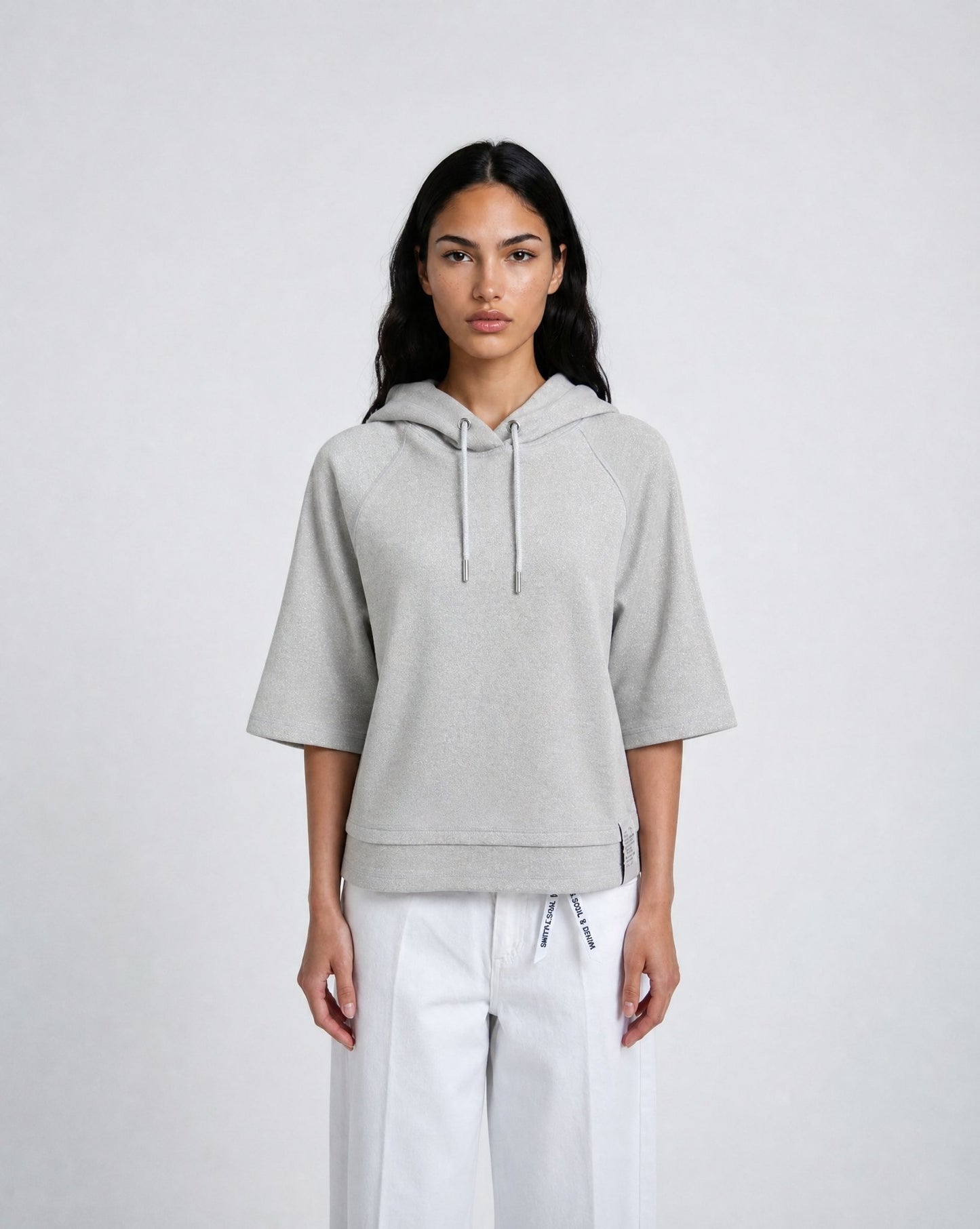 Boxy Cropped Metallic Hoodie Shortsleeve (Sand Melange)