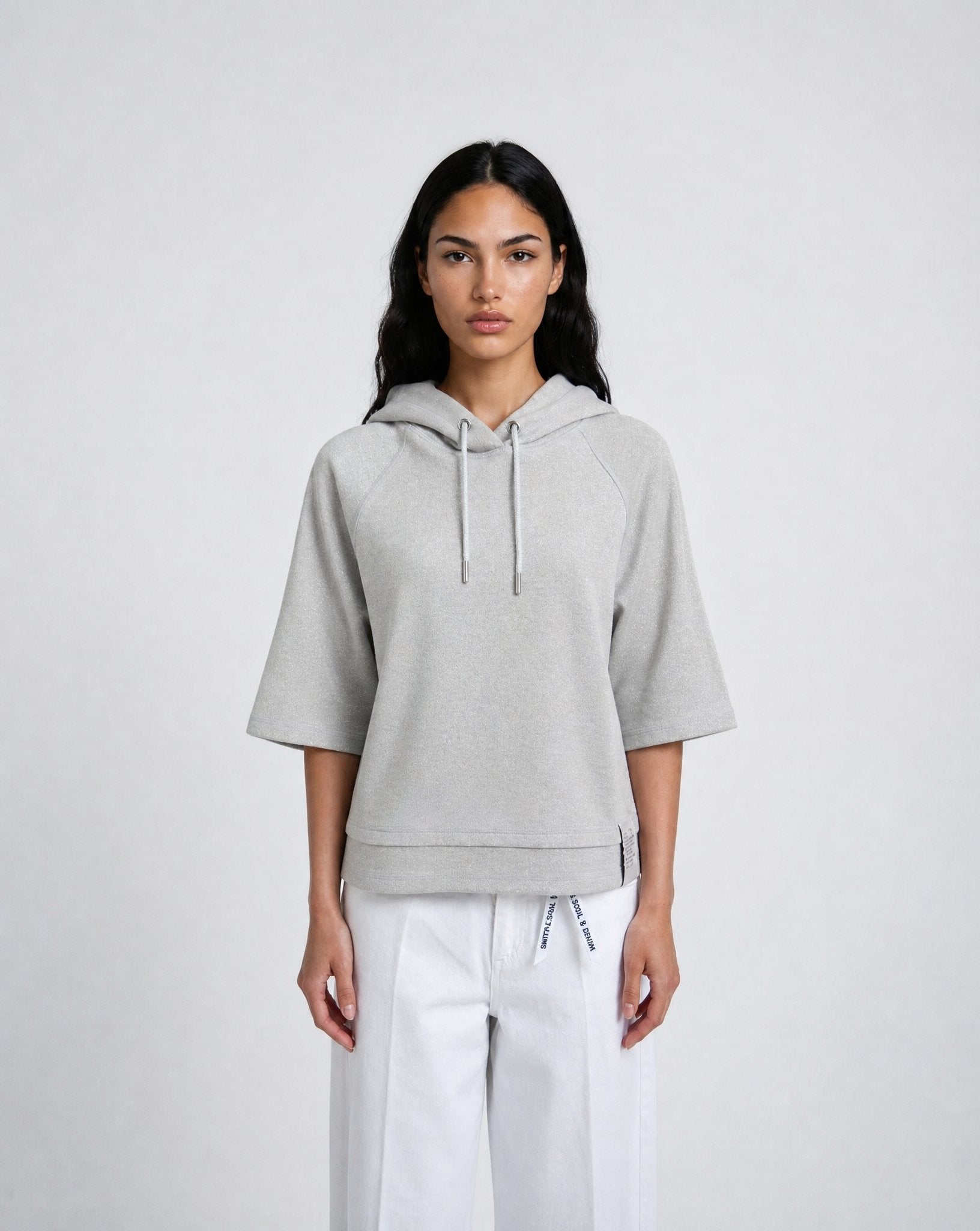 Boxy Cropped Metallic Hoodie Shortsleeve (Sand Melange)