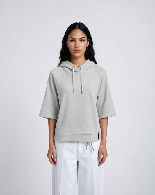 Boxy Cropped Metallic Hoodie Shortsleeve (Sand Melange)