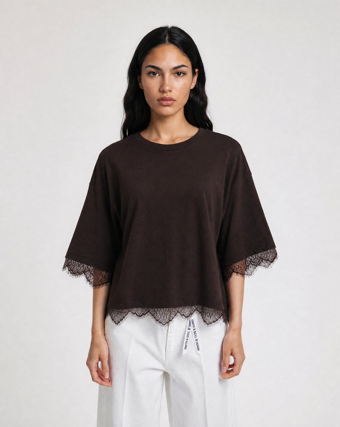 Boxy T-Shirt Lace Hem (Dark Choc)