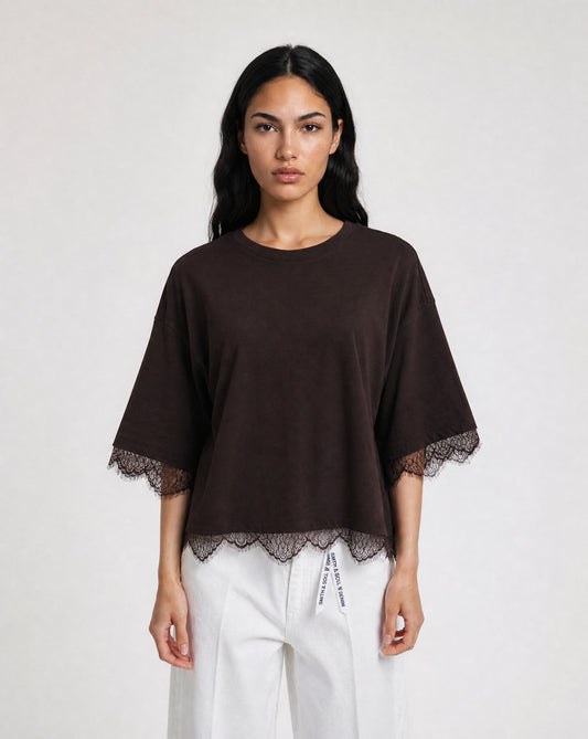 Boxy T-Shirt Lace Hem (Dark Choc)