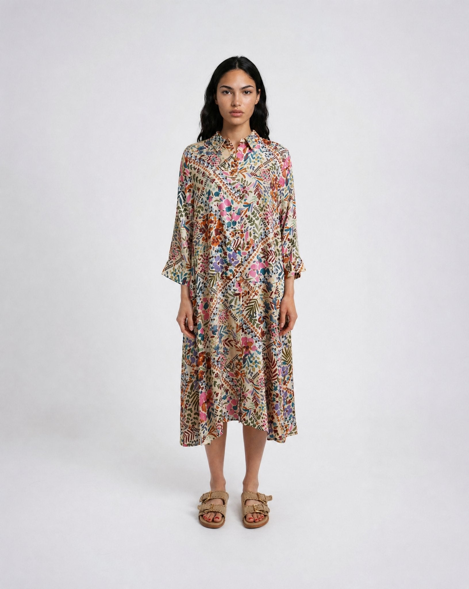 A-shape Shirt Dress (Beige Print)