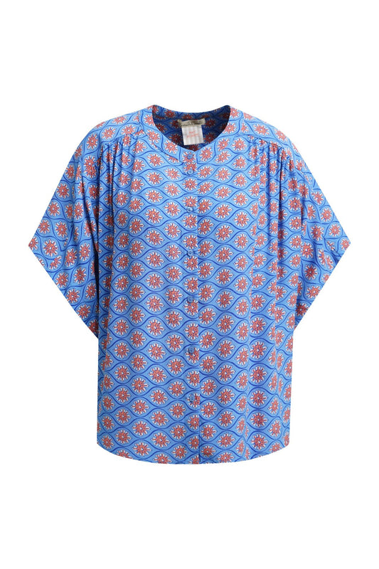 Half Slv Batwing Blouse with Placket (Indigo Print)