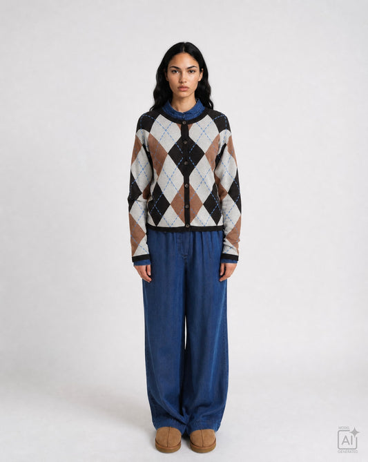 Argyle Button Cardigan (Sand Print)