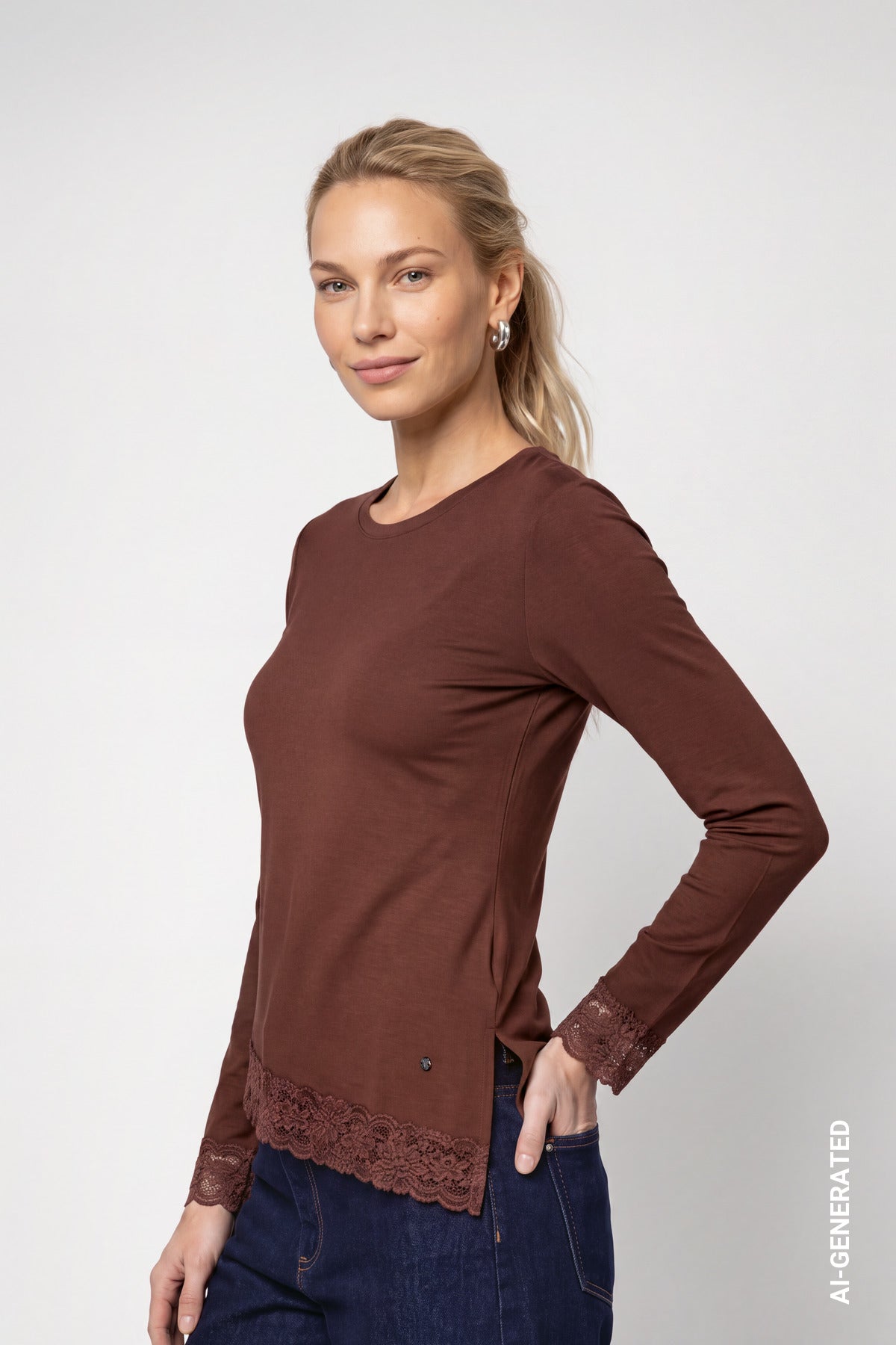 Langarmshirt mit Spitzenborte (Chocolate Brown)