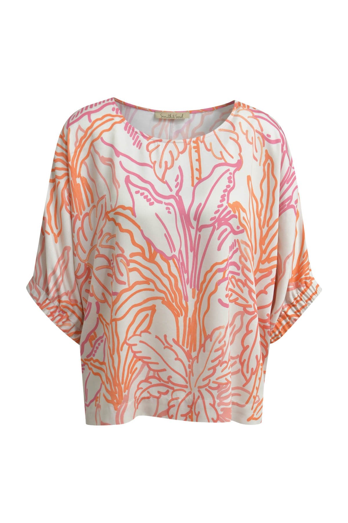 Round Neck Gathered Cuff Blouse (Coral Print)