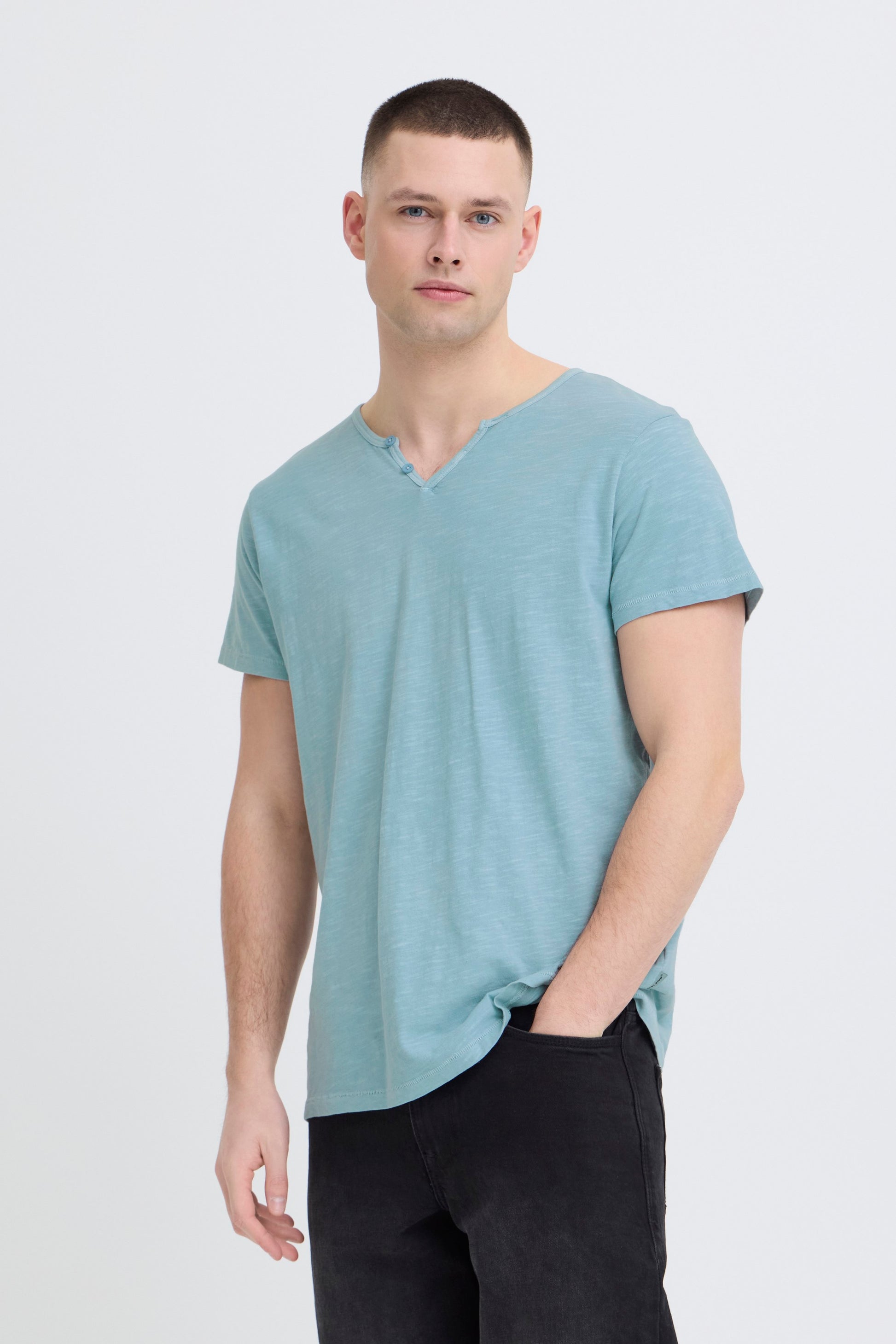 Bhaston Split Neck Tee (Dusty Blue)