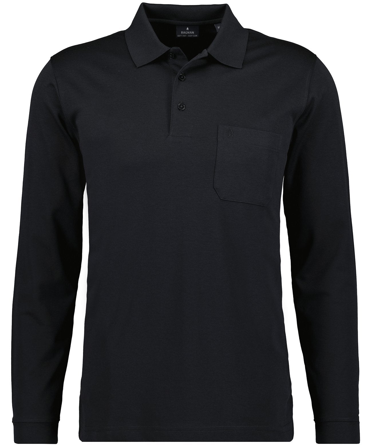 Softknit-Polo mit Brusttasche, Langarm (Schwarz)