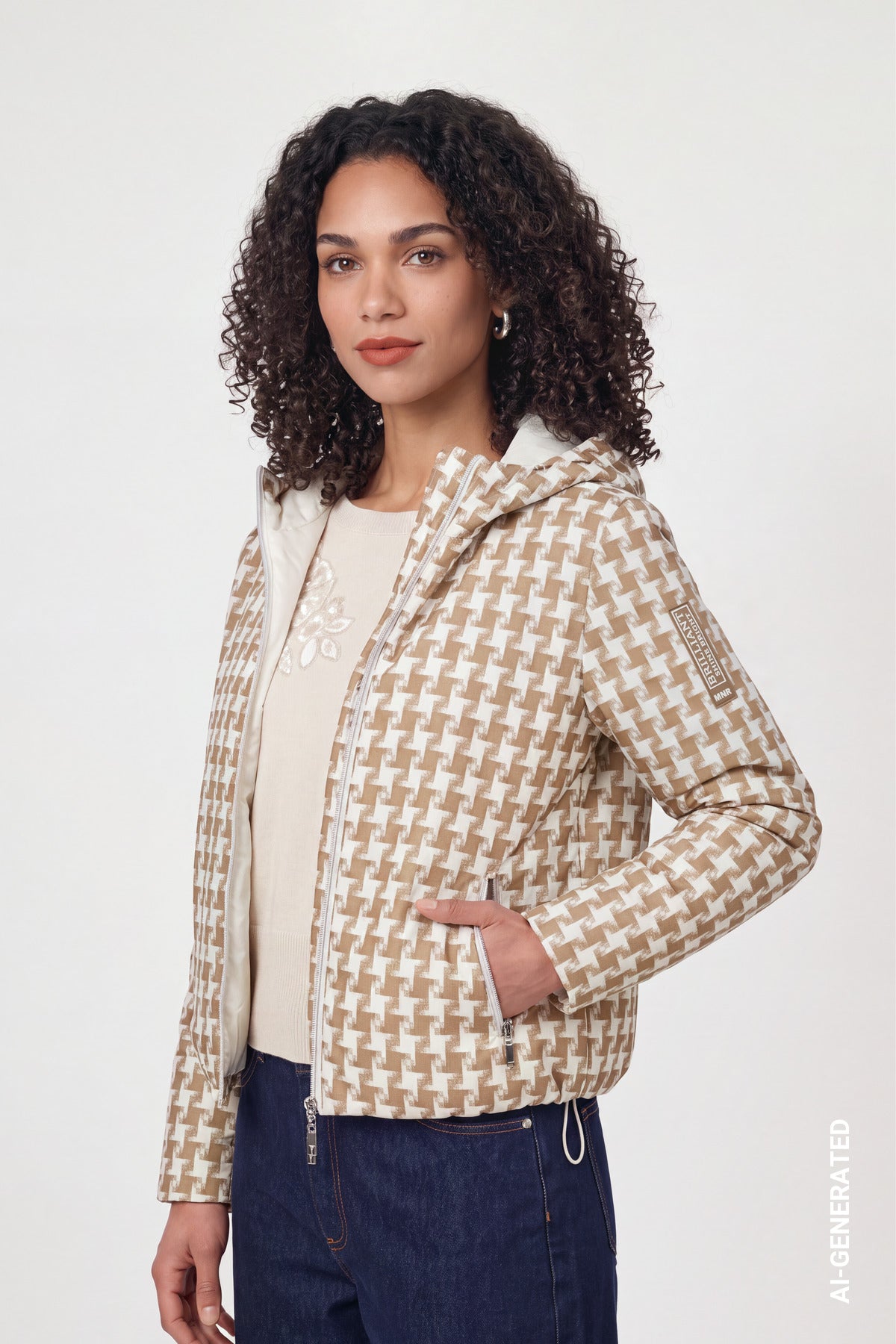 Jacke mit Jacquard-Hahnentritt-Muster (Sesame Gemustert)