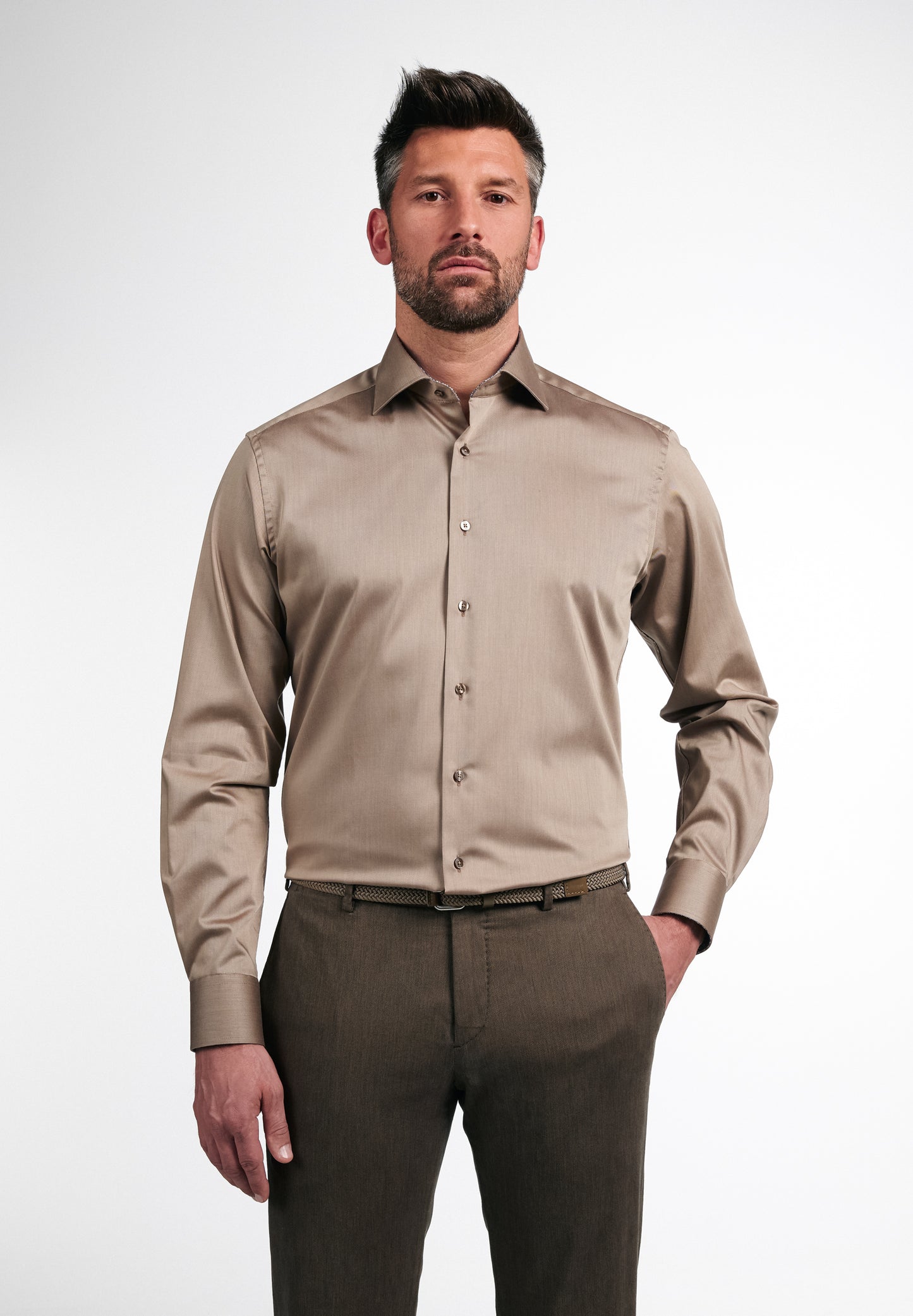 Eterna Langarm Hemd Modern Fit Twill (Beige-braun)