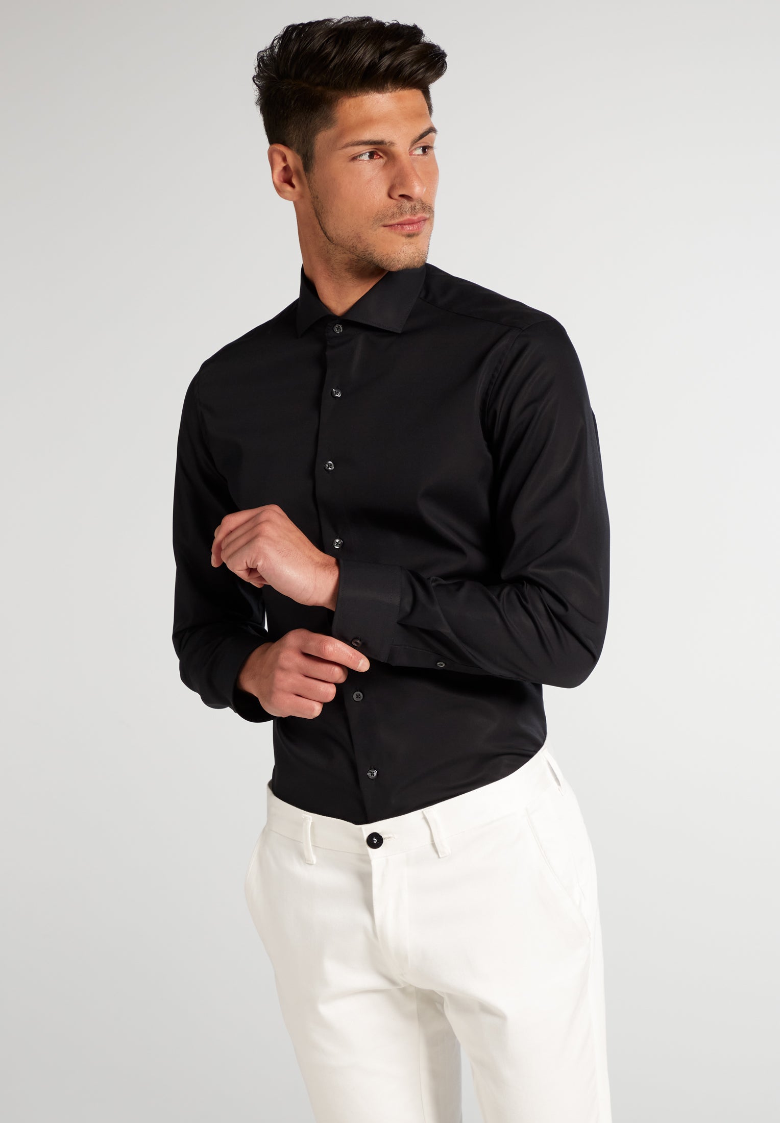 Eterna Langarm Hemd Slim Fit Popeline (Schwarz)